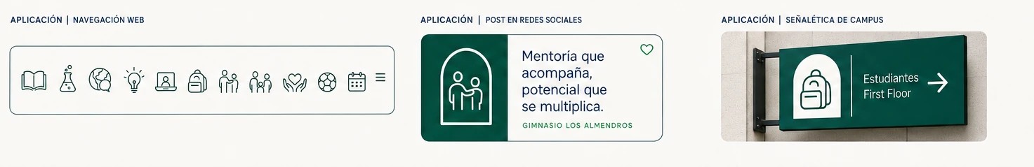 Ejemplos del sistema iconográfico aplicado en navegación web, publicación para redes sociales y señalización de campus.